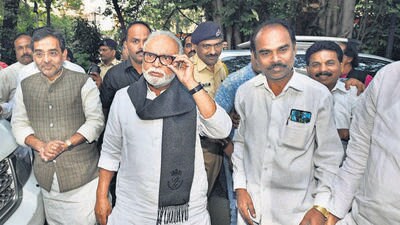 Pune, India - Dec. 12, 2018: Chhagan Bhujbal (R) and Upendra Kushwaha (L) arrive at Bal Gandharva Ranga Mandir in Pune, India, on Wednesday, December 12, 2018. (Photo by Pratham Gokhale/Hindustan Times) (Pratham Gokhale/HT Photo) Pune, India - Dec. 12, 2018: Chhagan Bhujbal (R) and Upendra Kushwaha (L) arrive at Bal Gandharva Ranga Mandir in Pune, India, on Wednesday, December 12, 2018. (Photo by Pratham Gokhale/Hindustan Times) (Pratham Gokhale/HT Photo)