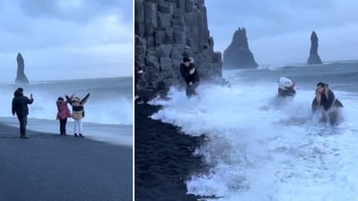 A man and a woman were seen walking towards the shoreline and posing for a photo on Iceland's Black Sand Beach, before almost getting swept out to sea (kelseystarlight/TikTok) A man and a woman were seen walking towards the shoreline and posing for a photo on Iceland's Black Sand Beach, before almost getting swept out to sea (kelseystarlight/TikTok)