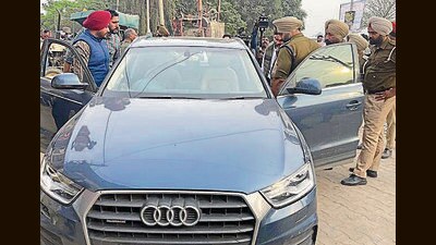 The Audi car recovered from Mohali on Sunday, 13 hours after the carjacking. (HT Photo) The Audi car recovered from Mohali on Sunday, 13 hours after the carjacking. (HT Photo)