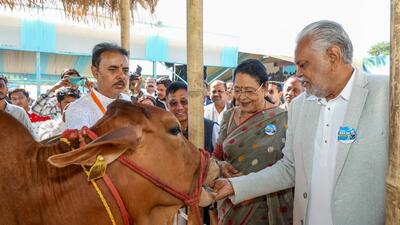 Union minister of fisheries, animal husbandry and dairying, Parshottam Rupala feeds a cow during the National Milk Day in Guwahati on Sunday. (ANI) Union minister of fisheries, animal husbandry and dairying, Parshottam Rupala feeds a cow during the National Milk Day in Guwahati on Sunday. (ANI)