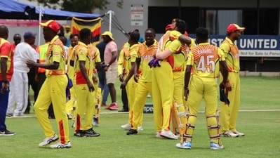 Uganda players  celebrate their win over Zimbabwe (ICC)