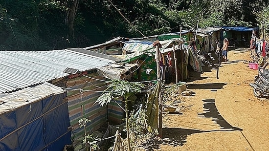 A row of makeshift tents where an estimated 10,000 Myanmar nationals are living in Zohkawathar, Mizoram. (Prawesh Lama/HT Photo)