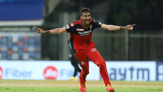 Shahbaz Ahmed of Royal Challengers Bangalore celebrates the wicket of Abdul Samad of Sunrisers Hyderabad (PTI)