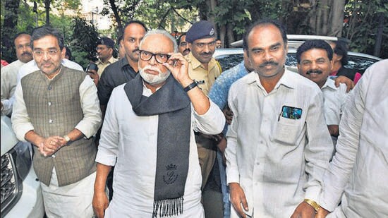 Pune, India - Dec. 12, 2018: Chhagan Bhujbal (R) and Upendra Kushwaha (L) arrive at Bal Gandharva Ranga Mandir in Pune, India, on Wednesday, December 12, 2018. (Photo by Pratham Gokhale/Hindustan Times) (Pratham Gokhale/HT Photo)