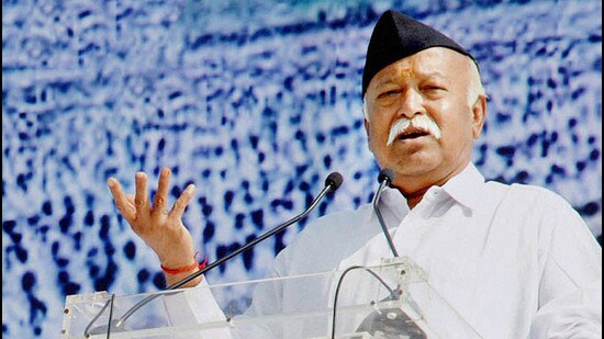 RSS chief Mohan Bhagwat addressed a seminar at Sharda University in Greater Noida’s Knowledge Park-II area on Sunday evening. (PTI)