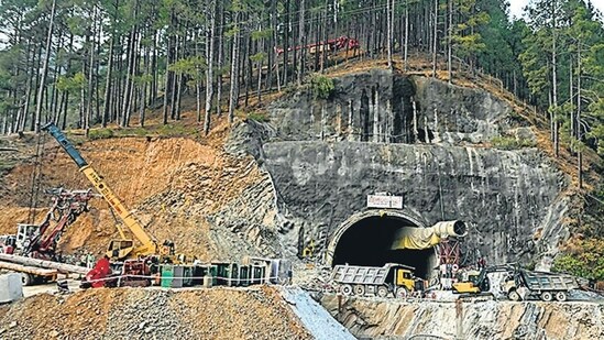 Rescue personnel work at the collapsed under construction Silkyara tunnel in the Uttarkashi district on Saturday. (AFP)