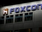The logo of Foxconn is seen outside the company's building in Taipei, Taiwan,