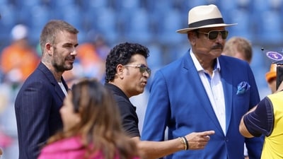 Former English footballer David Beckham with former cricketers Sachin Tendulkar and Ravi Shastri during the semi-final match between India and New Zealand in the ICC Men's Cricket World Cup 2023. (Ravi Shastri-X) Former English footballer David Beckham with former cricketers Sachin Tendulkar and Ravi Shastri during the semi-final match between India and New Zealand in the ICC Men's Cricket World Cup 2023. (Ravi Shastri-X)