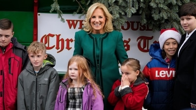 First lady Jill Biden receives the official 2023 White House Christmas Tree at the White House in Washington (AP) First lady Jill Biden receives the official 2023 White House Christmas Tree at the White House in Washington (AP)