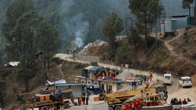 General view of heavy machinery at the rescue operations site, after workers got trapped in a tunnel construction collapse in Uttarkashi, northern state of Uttarakhand, India, November 27. (REUTERS)