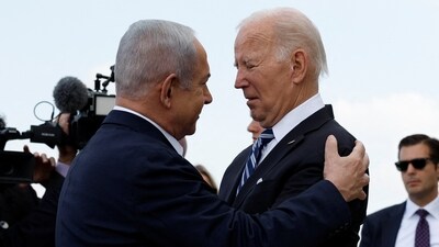 US President Joe Biden is welcomed by Israeli Prime Minster Benjamin Netanyahu as he visits Israel. (Reuters file)