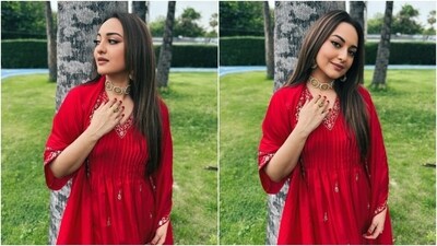 Today, Sonakshi shared pictures of herself on Instagram dressed in a bright red anarkali suit set with the caption, "I was dancing coz I won the @filmfare award for #Dahaad...I just didn't know it yet. Red for the baraat [heart emoji] #weddingSZN."&nbsp; (Instagram)