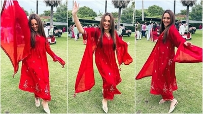 Sonakshi Sinha's ensemble - designed by Punit Balana - features an anarkali kurta, palazzo pants and a matching dupatta embroidered in intricate floral embroidery. (Instagram) Sonakshi Sinha's ensemble - designed by Punit Balana - features an anarkali kurta, palazzo pants and a matching dupatta embroidered in intricate floral embroidery. (Instagram)