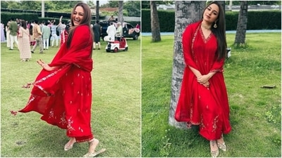 Sonakshi wore the ensemble with embellished juttis, statement gold rings, a choker necklace, and matching earrings. Centre-parted open tresses, darkened brows, plum lip shade, shimmery eye shadow, winged eyeliner, mascara on the lashes, and glowing skin gave the finishing touch. (Instagram) Sonakshi wore the ensemble with embellished juttis, statement gold rings, a choker necklace, and matching earrings. Centre-parted open tresses, darkened brows, plum lip shade, shimmery eye shadow, winged eyeliner, mascara on the lashes, and glowing skin gave the finishing touch. (Instagram)