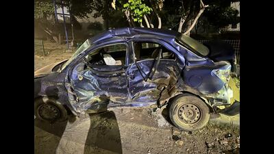 The mangled car on Monday. (HT Photo) The mangled car on Monday. (HT Photo)