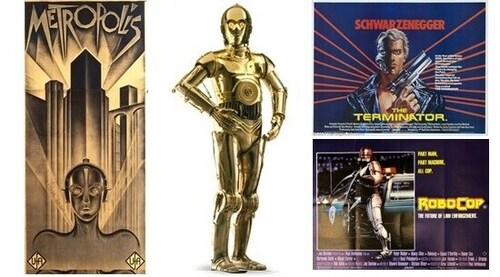 The Maschinenmensch from Metropolis (1927); C-3PO from Star Wars (1977), T-800 from The Terminator (1984) and Robocop (1987) (Courtesy: The Author) The Maschinenmensch from Metropolis (1927); C-3PO from Star Wars (1977), T-800 from The Terminator (1984) and Robocop (1987) (Courtesy: The Author)