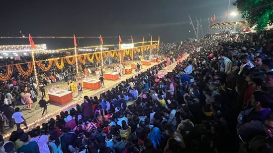 The festivities, organised by the Uttar Pradesh Government, include a laser and crackers show along with the illumination of the ghats with a staggering 12 lakh lamps.(HT photo by Rajesh Kumar)