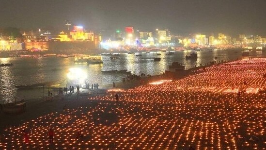 The riverfront ghats of the Ganges River, from Ravidas Ghat to Rajghat, illuminated with over a 10 lakhs earthen lamps (diyas) to honour the river Ganga and its presiding goddess.