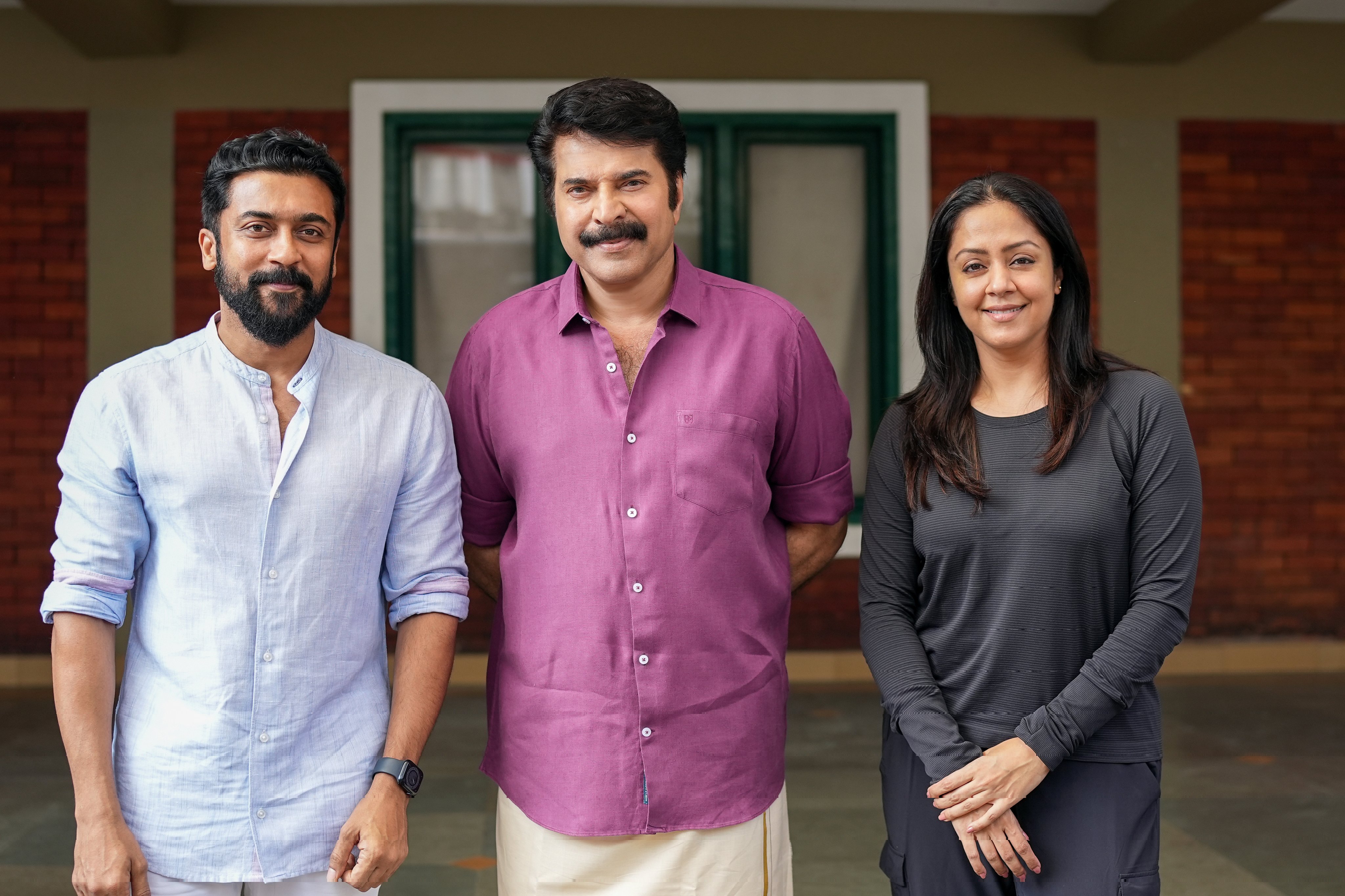 Suriya with Mammootty and Jyotika on the set of Kaathal. Suriya with Mammootty and Jyotika on the set of Kaathal.