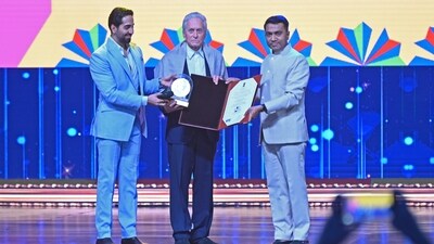 Goa, Nov 28 (ANI): Goa CM Dr Pramod Sawant and Actor Ayushman Khurana presented 'Satyajit Ray Life Time Achievement Award' to the American Actor and Film Producer Michael Douglas during the concluding function of the 54th IFFI 2023, at Dr Shyama Prasad Mukherjee Stadium in Goa on Tuesday. (ANI Photo) (Atish Naik) Goa, Nov 28 (ANI): Goa CM Dr Pramod Sawant and Actor Ayushman Khurana presented 'Satyajit Ray Life Time Achievement Award' to the American Actor and Film Producer Michael Douglas during the concluding function of the 54th IFFI 2023, at Dr Shyama Prasad Mukherjee Stadium in Goa on Tuesday. (ANI Photo) (Atish Naik)
