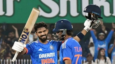 India's Ruturaj Gaikwad celebrates his century with Tilak Varma during the third T20 international match against Australia (ANI) India's Ruturaj Gaikwad celebrates his century with Tilak Varma during the third T20 international match against Australia (ANI)
