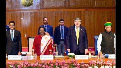 CJI Dhananjaya Y Chandrachud, President Droupadi Murmu, Justice Sanjay Kishan Kaul and Union minister Arjun Ram Meghwal during the NALSA conference (HT Photo) CJI Dhananjaya Y Chandrachud, President Droupadi Murmu, Justice Sanjay Kishan Kaul and Union minister Arjun Ram Meghwal during the NALSA conference (HT Photo)