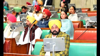 Chief minister Bhagwant Mann during the first day of the two-day Punjab Vidhan Sabha session in Chandigarh on Tuesday. (Ravi Kumar/HT) Chief minister Bhagwant Mann during the first day of the two-day Punjab Vidhan Sabha session in Chandigarh on Tuesday. (Ravi Kumar/HT)