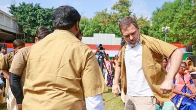 Congress leader Rahul Gandhi during an interaction with auto drivers, gig workers and sanitary workers in Hyderabad on Tuesday. (ANI) Congress leader Rahul Gandhi during an interaction with auto drivers, gig workers and sanitary workers in Hyderabad on Tuesday. (ANI)