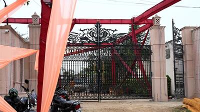 Gaur Mulberry farmhouse in Greater Noida West, where the 55-year-old man was shot dead by his relative on Monday night during a wedding ceremony. (Sunil Ghosh/HT Photo)