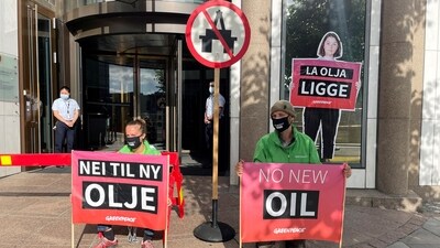 Greenpeace activists demonstrate in front of the Norwegian oil and energy ministry in central Oslo, Norway. (Reuters)