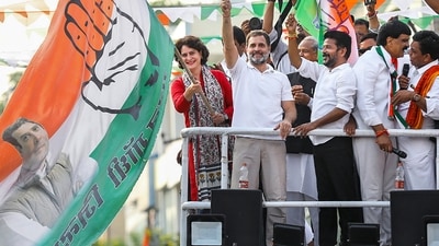 Hyderabad: Congress leader Rahul Gandhi with party's general secretary Priyanka Gandhi and other leaders during a roadshow ahead of the Telangana Assembly elections, at Malkajgiri in Hyderabad, Tuesday, Nov. 28, 2023. (PTI)