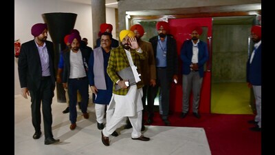 Punjab CM Bhagwant Mann during the first day of Vidhan Sabha session at Chandigarh on Tuesday. (Ravi Kumar/HT) Punjab CM Bhagwant Mann during the first day of Vidhan Sabha session at Chandigarh on Tuesday. (Ravi Kumar/HT)