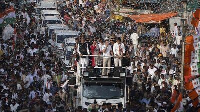 Senior Congress leader Rahul Gandhi with other party leaders during an election campaign rally in Hyderabad on Tuesday. (AP) Senior Congress leader Rahul Gandhi with other party leaders during an election campaign rally in Hyderabad on Tuesday. (AP)