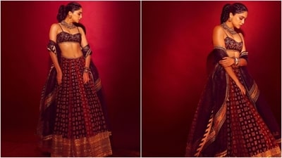 Sharvari styled the outfit with a choker necklace, statement bangles, matching earrings and a ring. Lastly, she chose a ponytail with crown braids, shimmery gold eye shadow, feathered brows, mauve lip shade, beaming highlighter, and mascara-adorned eyelashes to round it off. (Instagram) Sharvari styled the outfit with a choker necklace, statement bangles, matching earrings and a ring. Lastly, she chose a ponytail with crown braids, shimmery gold eye shadow, feathered brows, mauve lip shade, beaming highlighter, and mascara-adorned eyelashes to round it off. (Instagram)