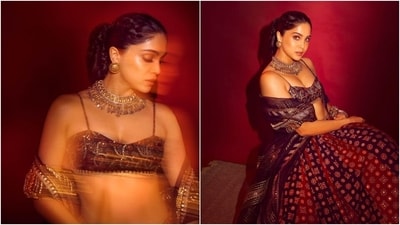 Earlier, Sharvari posted pictures of herself in a lehenga set, dropping a perfect sartorial pick for the wedding season. It features a spaghetti-strapped blouse, an A-line lehenga skirt, and a dupatta. The intricate embroidery design, broad gota patti borders, and sequin embellishments elevated the ethnic look. (Instagram) Earlier, Sharvari posted pictures of herself in a lehenga set, dropping a perfect sartorial pick for the wedding season. It features a spaghetti-strapped blouse, an A-line lehenga skirt, and a dupatta. The intricate embroidery design, broad gota patti borders, and sequin embellishments elevated the ethnic look. (Instagram)