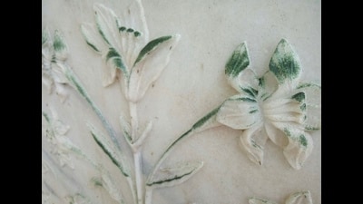 The greening of inlay work on the white marble of the northern wall of the Taj Mahal. (HT File Photo)