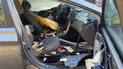 Bear left the car in this condition after stealing a packet of peanut M&M’s. (X/@CPW_NE) Bear left the car in this condition after stealing a packet of peanut M&M’s. (X/@CPW_NE)