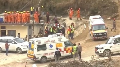 Ambulances, doctors on stand-by outside the collapsed Silkyara Tunnel where 41 workers are trapped. (ANI) Ambulances, doctors on stand-by outside the collapsed Silkyara Tunnel where 41 workers are trapped. (ANI)