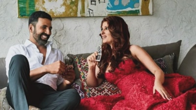 Twinkle Khanna and Akshay Kumar in a Vogue photoshoot. Twinkle Khanna and Akshay Kumar in a Vogue photoshoot.