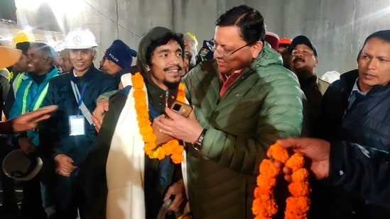 Uttarakhand chief minister Pushkar Singh Dhami acknowledged the morale and courage of the workers and personnel involved in the rescue operation. (AP)