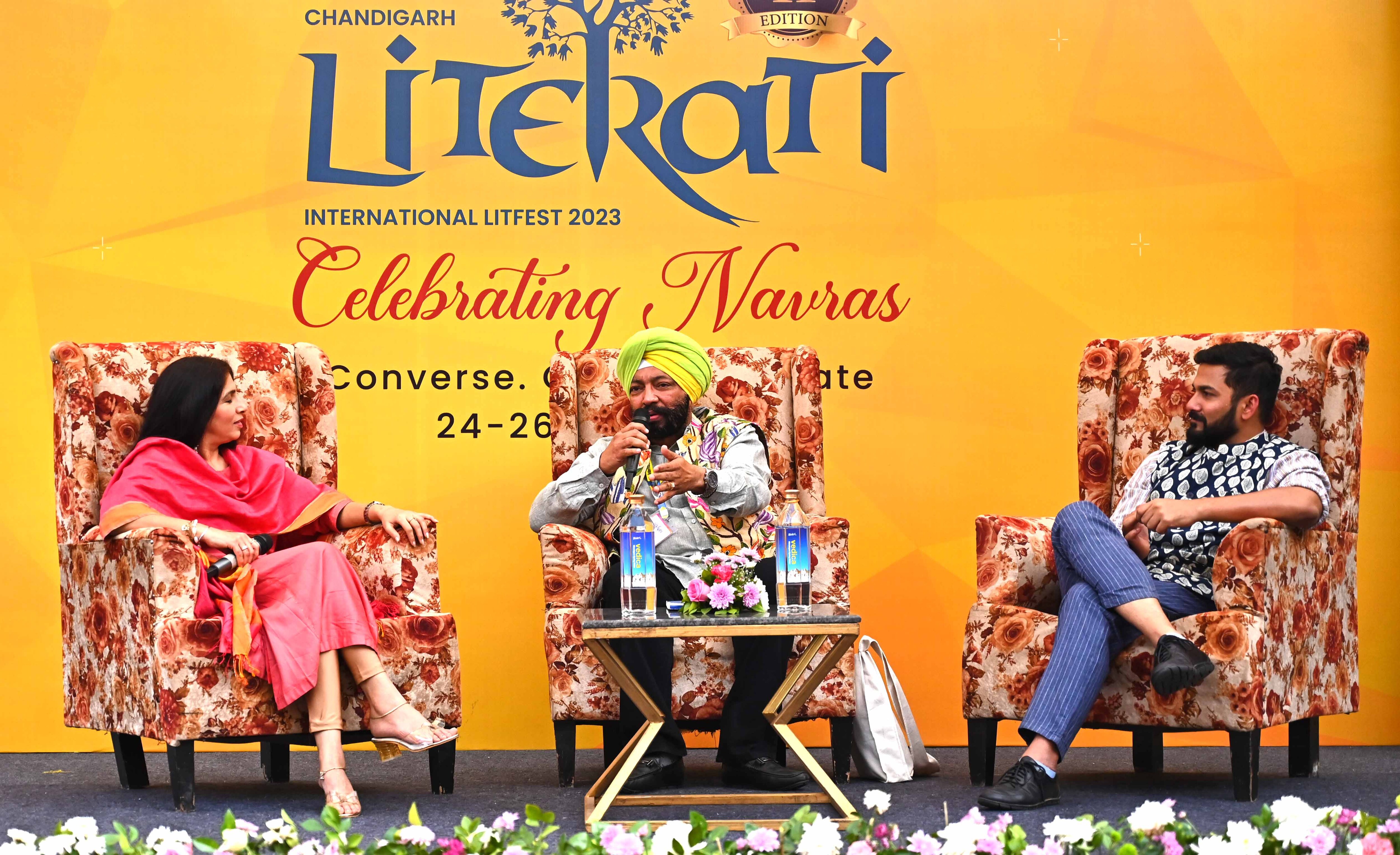 Chefs Harpal Singh Sokhi (centre) and Sadaf Hussain interacting with journalist Rajinder Kaur during a session at Literati 2023 Chefs Harpal Singh Sokhi (centre) and Sadaf Hussain interacting with journalist Rajinder Kaur during a session at Literati 2023