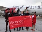 IMAGE DISTRIBUTED FOR VIRGIN ATLANTIC AIRWAYS LTD - Virgin Atlantic Founder, Sir Richard Branson, UK Transport Secretary Mark Harper, and CEO, Shai Weiss, celebrate arrival of Flight100 in NYC, Tuesday, Nov. 28, 2023 in New York. (Jason DeCrow/AP Images for Virgin Atlantic Airways Ltd)