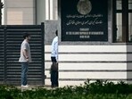 Visitors stand outside the Afghanistan embassy in New Delhi on November 24, 2023. Visitors stand outside the Afghanistan embassy in New Delhi on November 24, 2023.