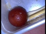 The image shows a worm wriggling on a piece of gulab jamun. 