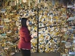A visitor admires an immersive piece by Hema Upadhyay at the Indian Art Fair 2018.