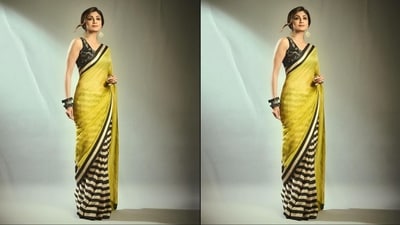 Her saree is from the shelves of clothing brand Kritika Murarka and features a vibrant mustard green colour on the pallu and a black and white striped print at the bottom. She paired it with a black sleeveless blouse adorned with a golden floral print. (Instagram/@theshilpashetty) Her saree is from the shelves of clothing brand Kritika Murarka and features a vibrant mustard green colour on the pallu and a black and white striped print at the bottom. She paired it with a black sleeveless blouse adorned with a golden floral print. (Instagram/@theshilpashetty)