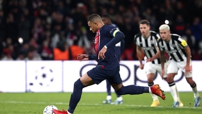 Paris Saint-Germain's French forward #07 Kylian Mbappe takes a penalty kick to score a goal during the UEFA Champions League 1st round, day 5, Group F football match between Paris Saint-Germain (PSG) and Newcastle United (AFP) Paris Saint-Germain's French forward #07 Kylian Mbappe takes a penalty kick to score a goal during the UEFA Champions League 1st round, day 5, Group F football match between Paris Saint-Germain (PSG) and Newcastle United (AFP)