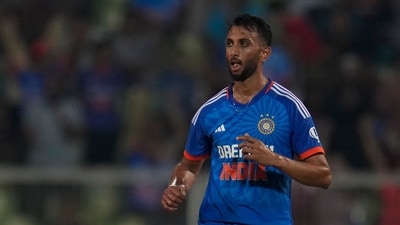 India's Prasidh Krishna celebrates the dismissal of Australia's Nathan Ellis during the second T20 cricket match between India and Australia in Thiruvananthapuram, India (AP) India's Prasidh Krishna celebrates the dismissal of Australia's Nathan Ellis during the second T20 cricket match between India and Australia in Thiruvananthapuram, India (AP)
