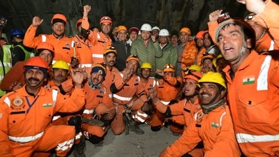 All 41 construction workers who were trapped in a collapsed mountain tunnel for more than two weeks were successfully rescued from the Silkyara tunnel in Uttarakhand's Uttarkashi on Tuesday evening. Officials said all the workers made it through the ordeal in good health. (AP) All 41 construction workers who were trapped in a collapsed mountain tunnel for more than two weeks were successfully rescued from the Silkyara tunnel in Uttarakhand's Uttarkashi on Tuesday evening. Officials said all the workers made it through the ordeal in good health. (AP)