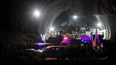 Ambulances drive out of the tunnel carrying rescued workers in Silkyara in the northern Indian state of Uttarakhand, India, Tuesday, Nov. 28, 2023. (AP) Ambulances drive out of the tunnel carrying rescued workers in Silkyara in the northern Indian state of Uttarakhand, India, Tuesday, Nov. 28, 2023. (AP)